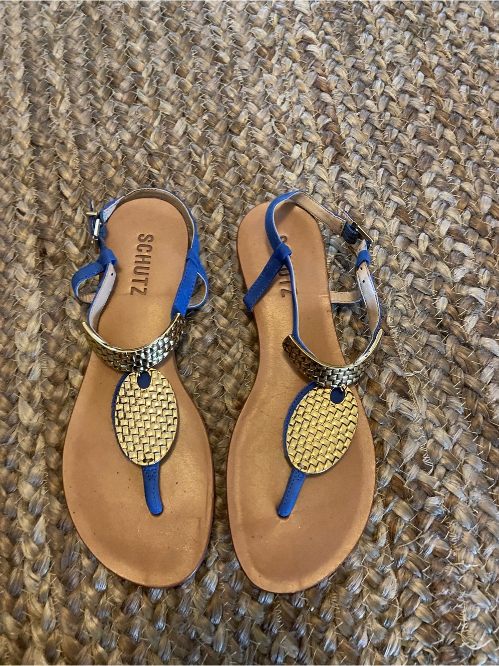 SCHUTZ Blue and Gold T-Strap Sandals